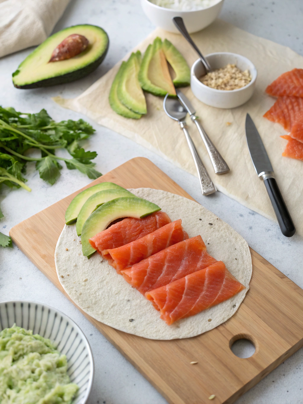 gluten-free salmon avocado wrap preparing steps